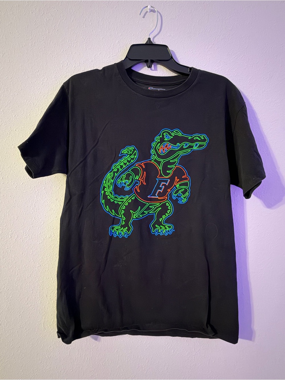 Champion Black Tee with Neon Green Alligator Graphic